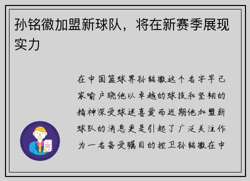 孙铭徽加盟新球队，将在新赛季展现实力
