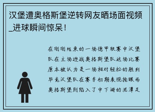 汉堡遭奥格斯堡逆转网友晒场面视频_进球瞬间惊呆！