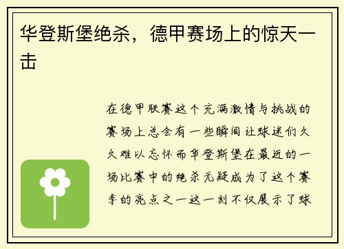 华登斯堡绝杀，德甲赛场上的惊天一击