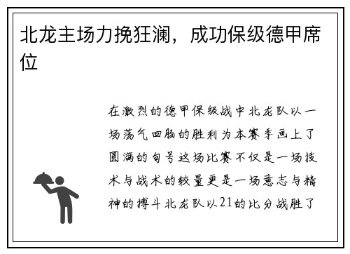 北龙主场力挽狂澜，成功保级德甲席位
