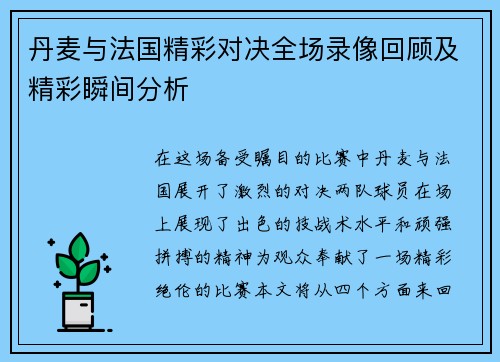 丹麦与法国精彩对决全场录像回顾及精彩瞬间分析