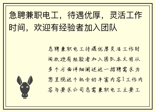 急聘兼职电工，待遇优厚，灵活工作时间，欢迎有经验者加入团队