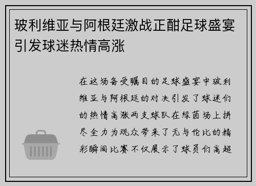 玻利维亚与阿根廷激战正酣足球盛宴引发球迷热情高涨
