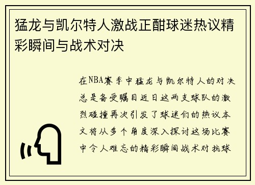 猛龙与凯尔特人激战正酣球迷热议精彩瞬间与战术对决
