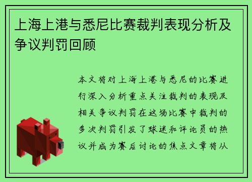 上海上港与悉尼比赛裁判表现分析及争议判罚回顾