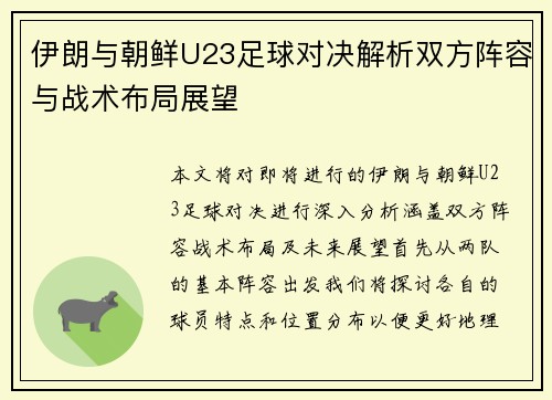 伊朗与朝鲜U23足球对决解析双方阵容与战术布局展望
