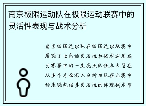 南京极限运动队在极限运动联赛中的灵活性表现与战术分析