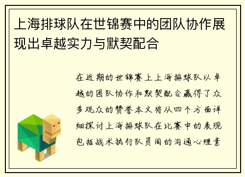 上海排球队在世锦赛中的团队协作展现出卓越实力与默契配合