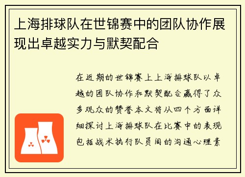 上海排球队在世锦赛中的团队协作展现出卓越实力与默契配合