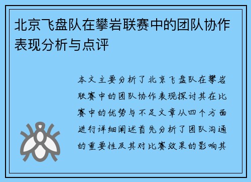 北京飞盘队在攀岩联赛中的团队协作表现分析与点评