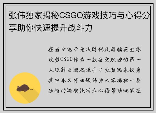张伟独家揭秘CSGO游戏技巧与心得分享助你快速提升战斗力
