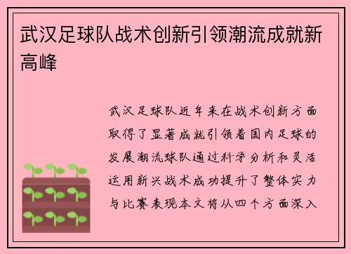武汉足球队战术创新引领潮流成就新高峰